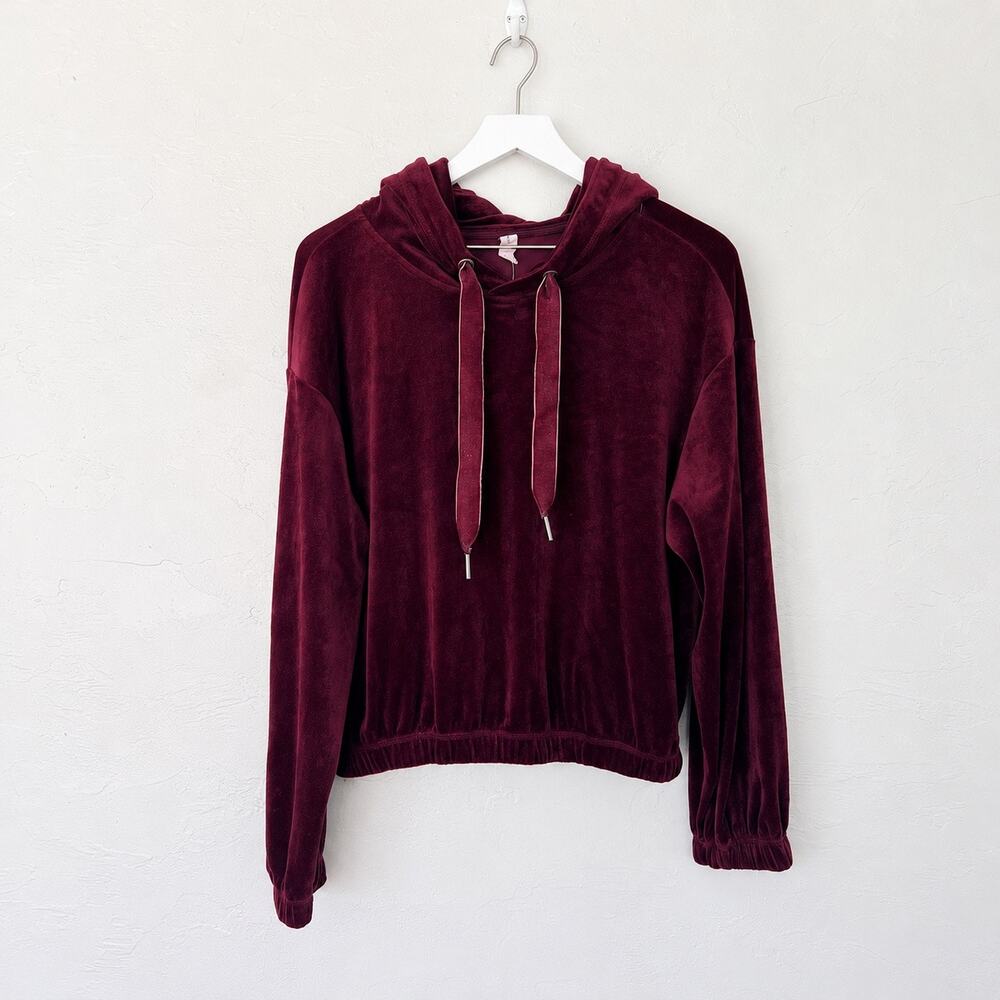 Anthropologie Daily Practice Burgundy Velour Cropped Hoodie Women’s S